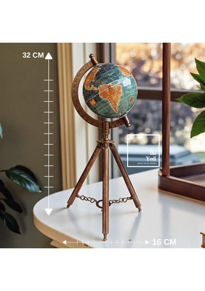 Diego Bronz Tripod Ayaklı Dünya Küresi 32 cm – Ofis Masası Dekoru, Şık Hediye, Retro Obje Hediyelik