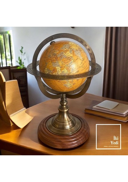 Manhattan Dünya Küresi Pirinç & Ahşap Yerküre Ofis Dekorasyonu Hediyelik Obje Masa Üstü Aksesuar