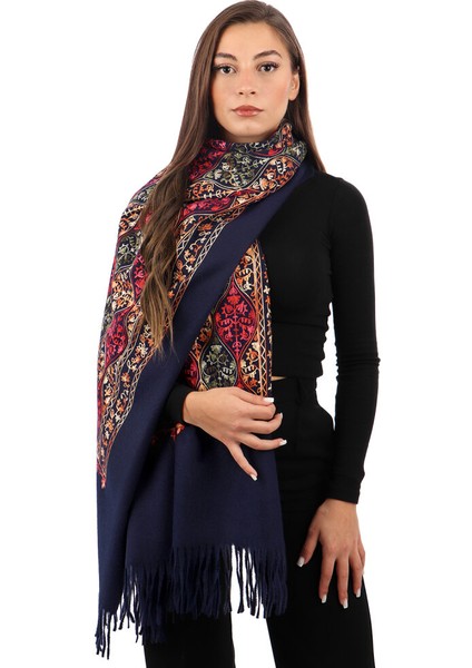 Lacivert Nakışlı Kışlık Şal