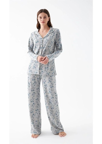 Kadın Gri Desenli Düğmeli Pamuklu Pijama Takımı