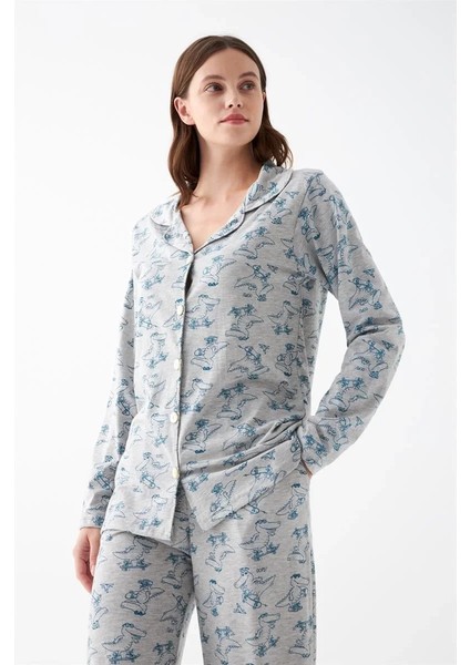 Kadın Gri Desenli Düğmeli Pamuklu Pijama Takımı fırsatları
