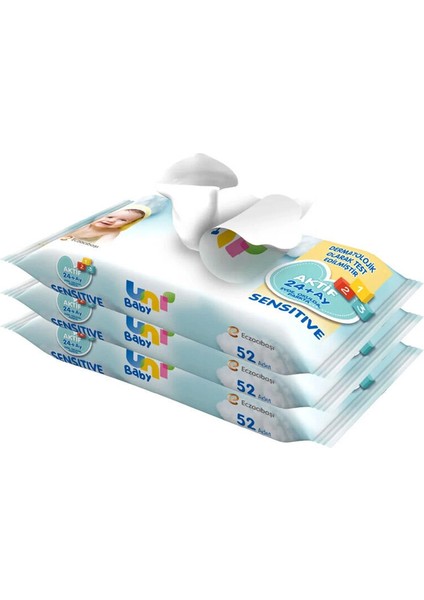 Uni Baby Aktif Sensitive Islak Havlu Mendil 3lü 156 Yaprak fiyatları