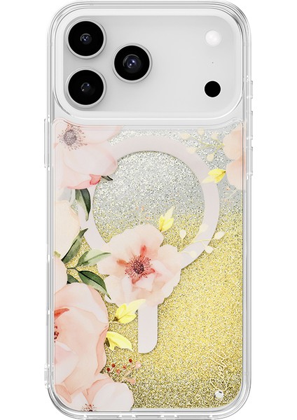 iPhone 17 Pro Max Uyumlu Kılıf M-Safe Şarj Özellikli Çiçek Desenli Simli Coehl Fleurette Kapak Gold
