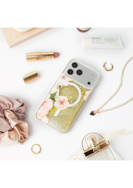 iPhone 17 Pro Max Uyumlu Kılıf M-Safe Şarj Özellikli Çiçek Desenli Simli Coehl Fleurette Kapak Gold modelleri