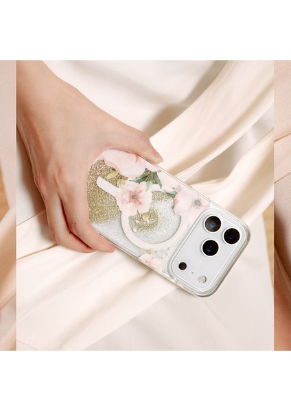 iPhone 17 Pro Max Uyumlu Kılıf M-Safe Şarj Özellikli Çiçek Desenli Simli Coehl Fleurette Kapak Gold fırsatları