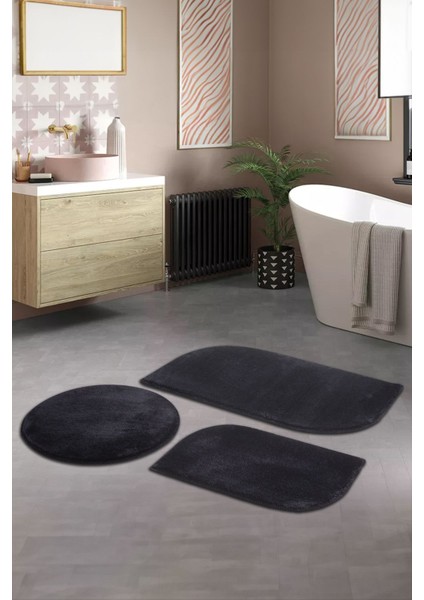 Siyah Cloudy Banyo Takımı 3'lü Dekoratif Peluş Kaymaz Taban Yıkanabilir. (60X100-40X60-60X60)