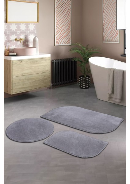 Açık Gri Cloudy Banyo Takımı 3'lü Dekoratif Peluş Kaymaz Taban Yıkanabilir. (60X100-40X60-60X60)