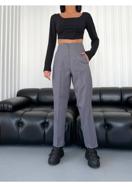 Kadın Gri Yüksek Bel Pensli Kumaş Pantolon - 10628