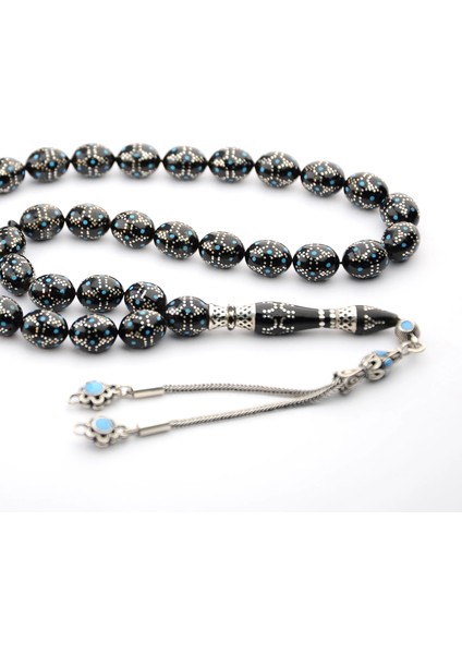 Kule Model Mine ve Gümüş Işlemeli Oltu Sıkması Tespih