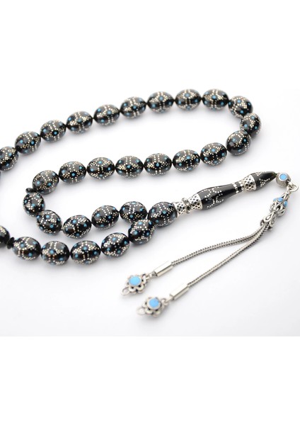 Kule Model Mine ve Gümüş Işlemeli Oltu Sıkması Tespih fiyatları