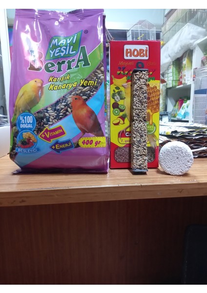 Mavi Yeşil Berra Karışık Kanarya Yemi 400+1 Paket ( 3 Adet ) Kanarya Ballı Kraker+Gaga Taşı