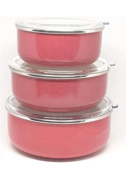 Emaye 3'lü Kapaklı Saklama Kabı