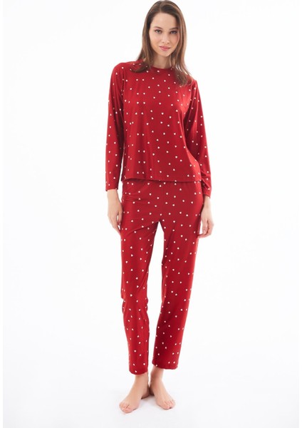 Premium Kadın Pijama Takımı Kırmızı Kalp Desenli Yumuşak Dokulu Bisiklet Yaka Uzun Kollu