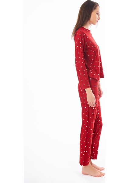 Premium Kadın Pijama Takımı Kırmızı Kalp Desenli Yumuşak Dokulu Bisiklet Yaka Uzun Kollu modelleri