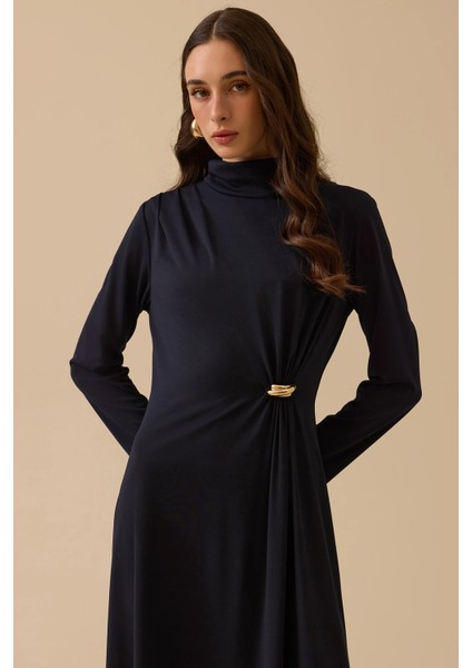 Kadın Metal Aksesuarlı Drapeli Elbise 1025 Lacivert modelleri