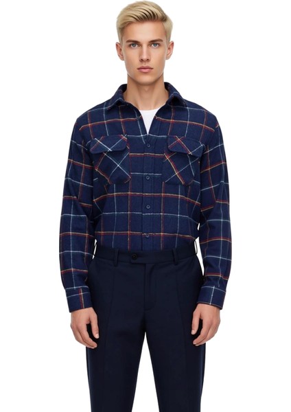 Erkek Kışlık Regular Fit Flanel Dokuma Uzun Kollu Kareli Gömlek Ceket Gün Boyu Konfor Sağlar