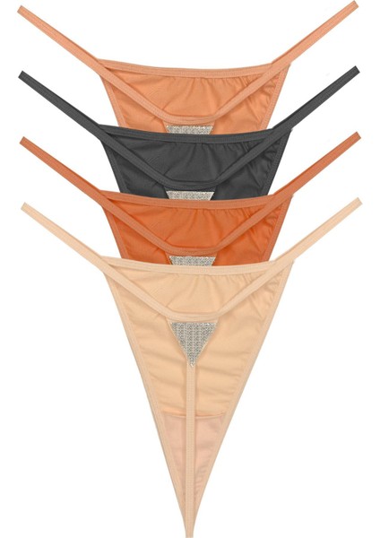 Mikro Saten Ön ve Arka Taş Detaylı Kadın String Külot 4'lü Paket