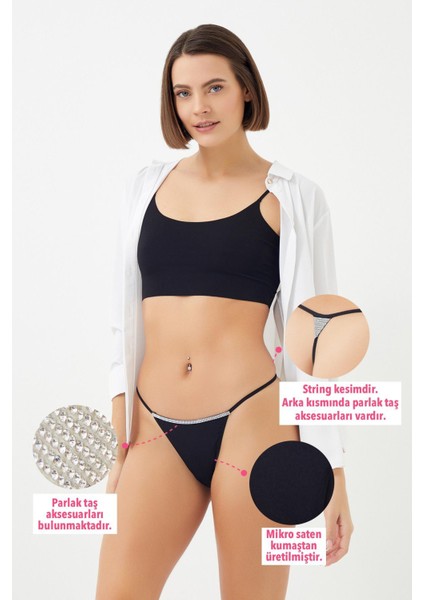 Mikro Saten Ön ve Arka Taş Detaylı Kadın String Külot 4'lü Paket modelleri