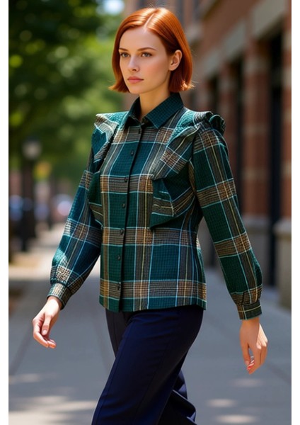 Kadın Ekose Fırfırlı Dokulu Gömlek Fonksiyonel Dayanıklı Kaliteli Konforlu Estetik Premium
