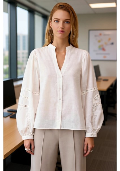 Kadın Pamuklu Oversize Kesim Hakim Yaka Balon Kol Detaylı Şık Gömlek Fonksiyonel Dayanıklı modelleri