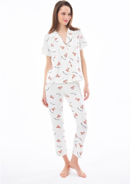 Premium Kadın Pijama Takımı Ayıcık Desenli Yumuşak Dokulu Kısa Kollu Gömlek Yaka