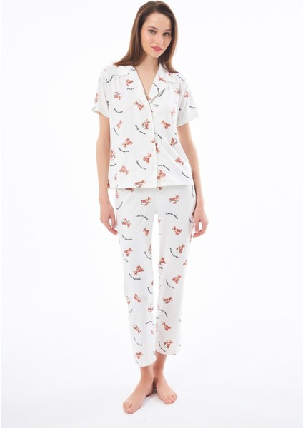 Premium Kadın Pijama Takımı Ayıcık Desenli Yumuşak Dokulu Kısa Kollu Gömlek Yaka modelleri