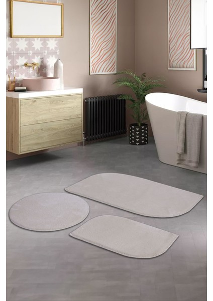 Krem Cloudy Banyo Takımı 3'lü Dekoratif Peluş Kaymaz Taban Yıkanabilir. (60X100-40X60-60X60)