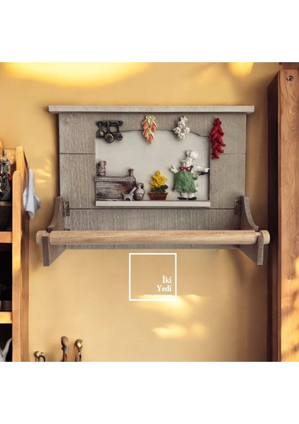 Shirley Ahşap Şef Temalı Mutfak Havluluk – Vintage Duvar Askılığı Dekoratif Raflı Havlu Tutucu