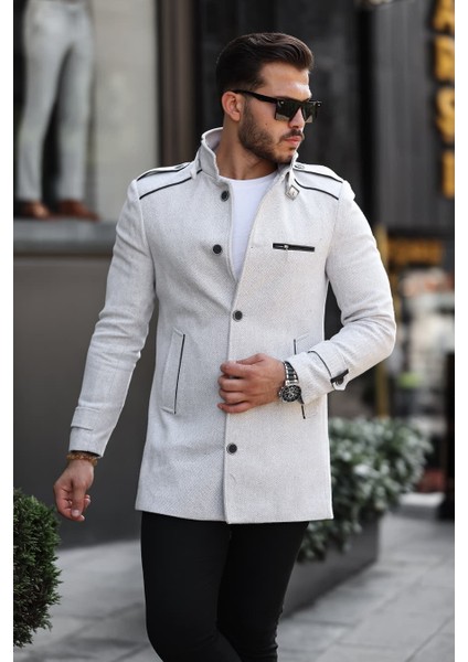 Erkek Beyaz Desenli Slim Kalıp Kaşe Kaban