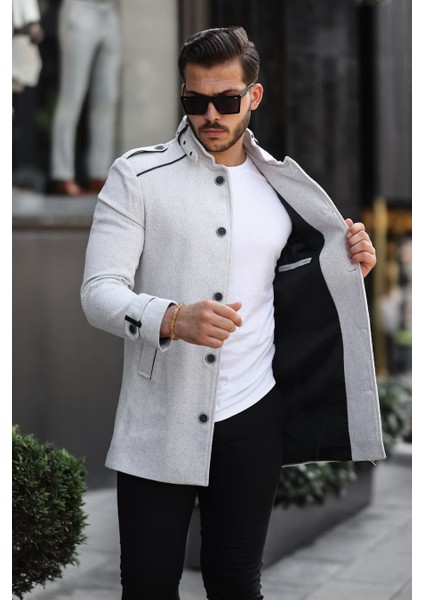 Erkek Beyaz Desenli Slim Kalıp Kaşe Kaban modelleri