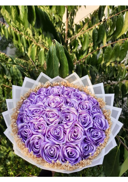 30 Lu LED Işıklı - Kenar Süslü - Solmayan Gül Buketi Lila Gül Dışı Beyaz