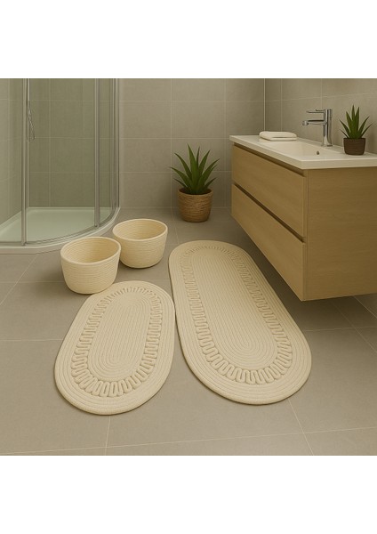 Terra 4’lü Banyo Seti – 2’li Oval Paspas & 2’li Oval Sepet, Doğal Halat Dokuma, El Yapımı - Premium