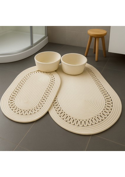 Terra 4’lü Banyo Seti – 2’li Oval Paspas & 2’li Oval Sepet, Doğal Halat Dokuma, El Yapımı - Premium fırsatları