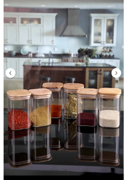 6 Adet Bambu Kapaklı Kare Baharatlık Borosilikat Cam Kavanoz Vakumlu Baharat Takımı (6X10 Cm)
