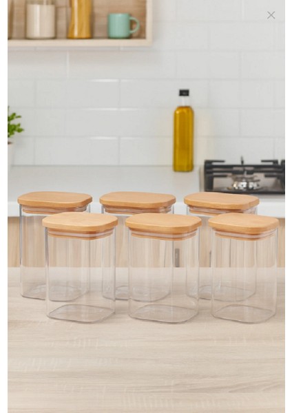 6 Adet Bambu Kapaklı Kare Baharatlık Borosilikat Cam Kavanoz Vakumlu Baharat Takımı (6X10 Cm) modelleri