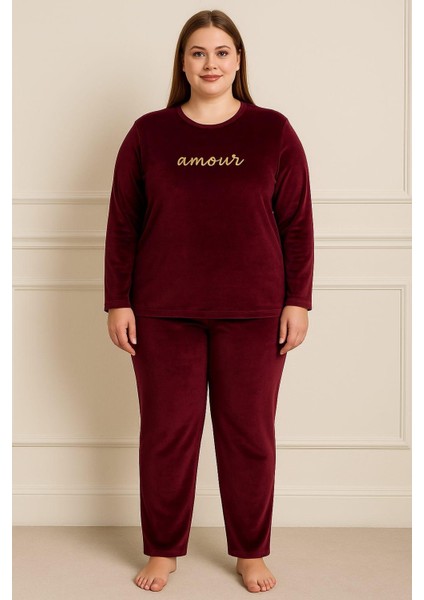 Kadın 13213 Büyük Beden Kadife Pijama Takımı Mürdüm