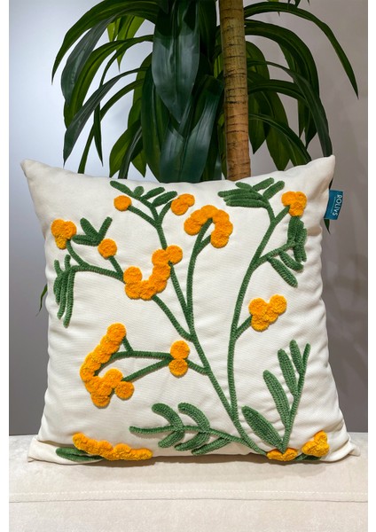 Sarı Çiçekli Kır Dalı Punch Panç Kırlent Nk 2607 Minimalist Yastık