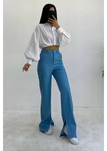 Kadın Mavi Yırtmaçlı Deri Pantolon - 10902 fiyatları