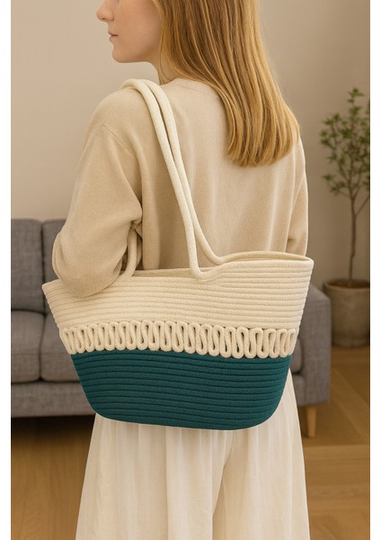 Halat Örgü Hasır Çevre Dostu Şık Çift Renkli Büyük Boy Plaj Çantası Kadın El ve Omuz Çantası