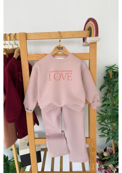 Love Çiçek Baskılı Kız Çocuk Kışlık takım - Pudra