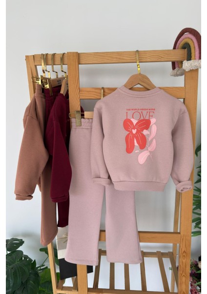 Love Çiçek Baskılı Kız Çocuk Kışlık takım - Pudra fiyatları