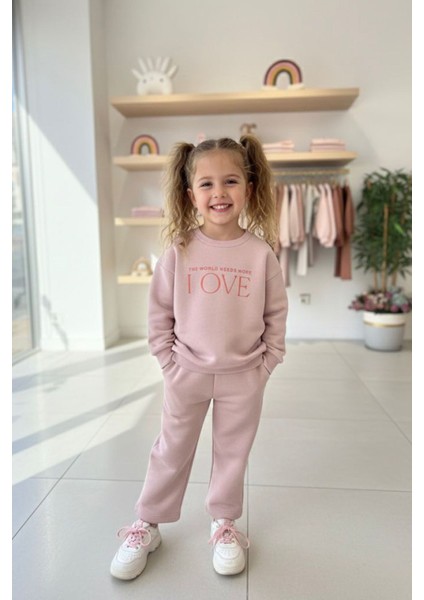 Love Çiçek Baskılı Kız Çocuk Kışlık takım - Pudra modelleri