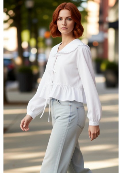 Kadın Fırfırlı Bebe Yaka Bağlama Detaylı Dokuma Gömlek Günlük Şıklık ve Sunar Fonksiyonel Şık