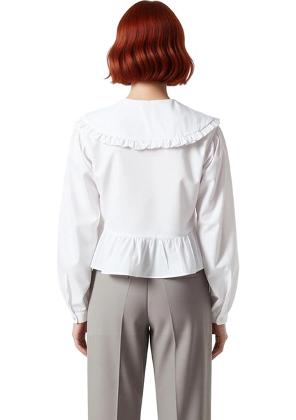 Kadın Fırfırlı Bebe Yaka Bağlama Detaylı Dokuma Gömlek Günlük Şıklık ve Sunar Fonksiyonel Şık indirimleri