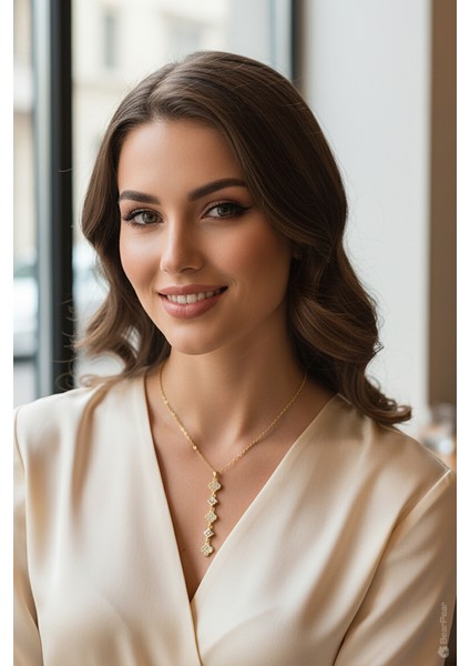 Zirkon Taşlı Y Kolye Yonca ve Karo Detaylı Zarif Kadın Kolye