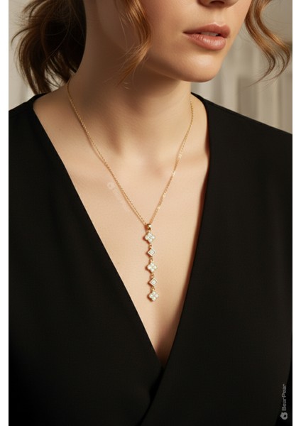 Zirkon Taşlı Y Kolye Yonca ve Karo Detaylı Zarif Kadın Kolye modelleri