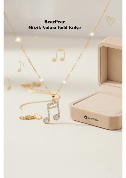 Zirkon Taşlı Müzik Nota Kadın Kolye Paslanmaz Çelik Gold Kolye