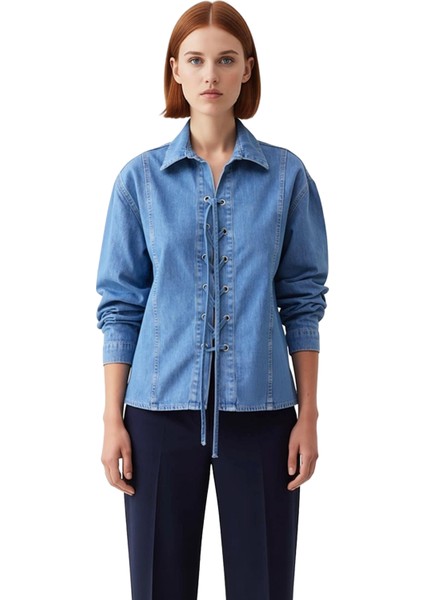 Kadın Uzun Kollu Denim Gömlek Bağlama Detaylı Casual Şıklık ve Konfor Fonksiyonel Kaliteli fiyatları