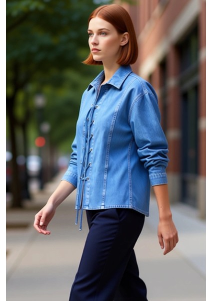 Kadın Uzun Kollu Denim Gömlek Bağlama Detaylı Casual Şıklık ve Konfor Fonksiyonel Kaliteli indirimleri