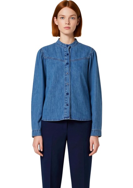Kadın Düz Desen Denim Gömlek Hakim Yaka Detaylı Uzun Kollu Konforlu Günlük Giyim Dayanıklı